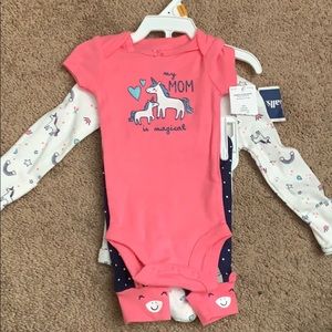 Baby girl newborn bundle unicorn onesie socks bibs
